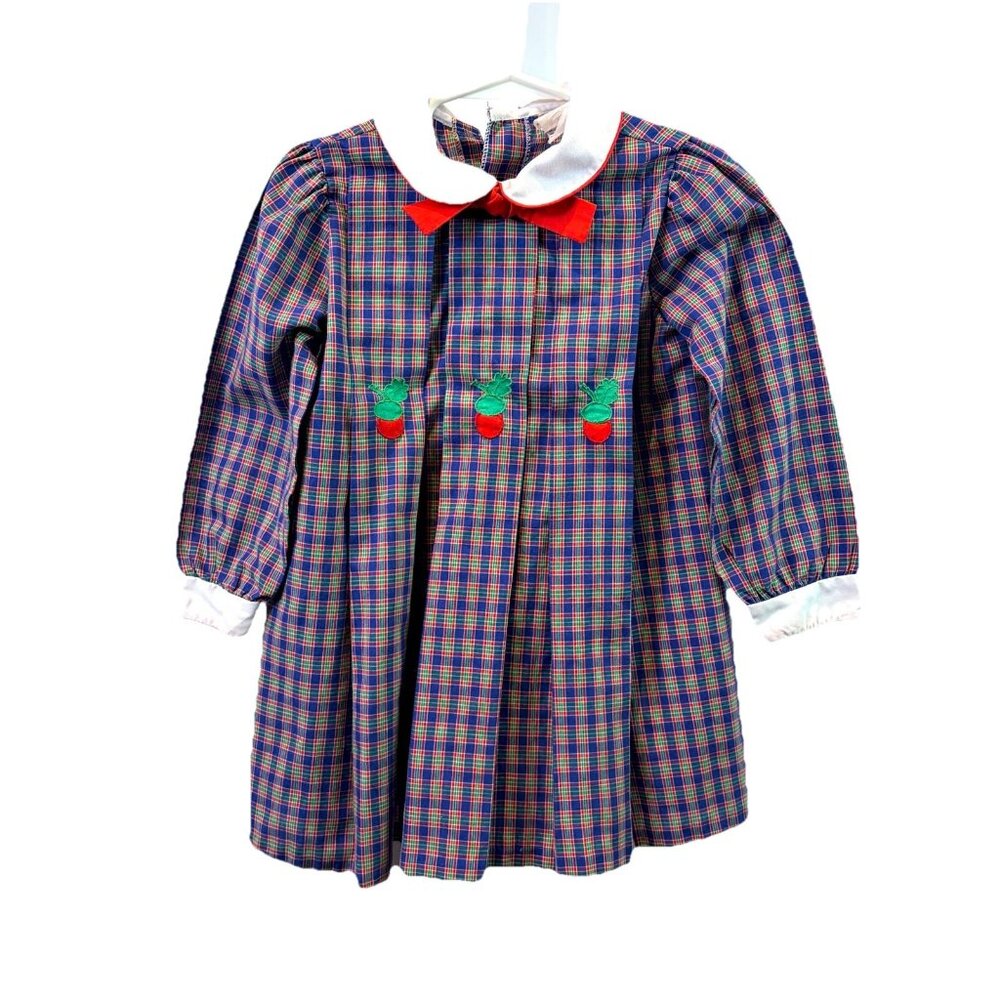 Vtg Nanette Toddler Girls Dress Blue Plaid Appliqué Strawberries Red Bow Sz 4T